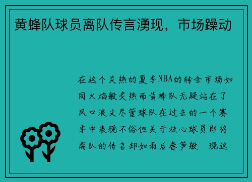 黄蜂队球员离队传言湧现，市场躁动