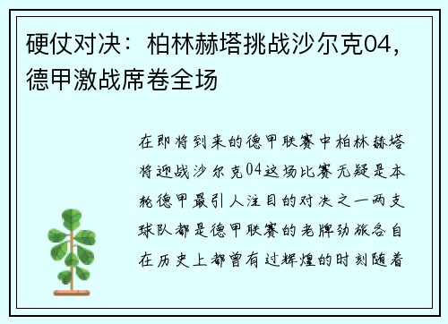 硬仗对决：柏林赫塔挑战沙尔克04，德甲激战席卷全场