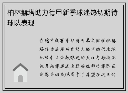 柏林赫塔助力德甲新季球迷热切期待球队表现