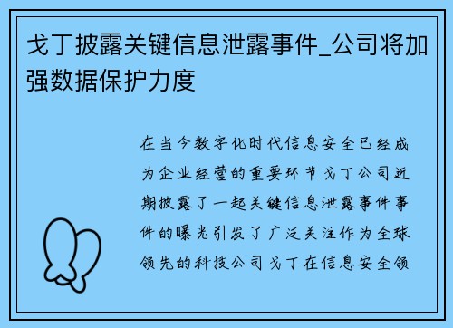 戈丁披露关键信息泄露事件_公司将加强数据保护力度