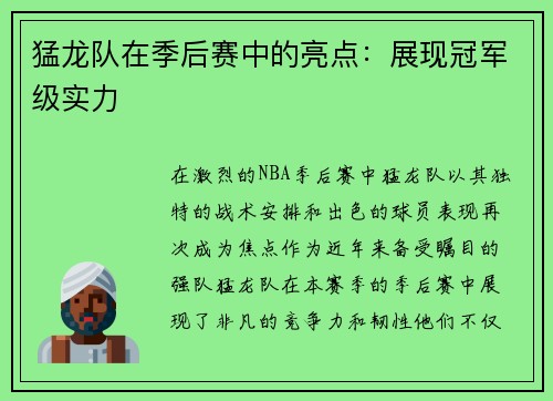 猛龙队在季后赛中的亮点：展现冠军级实力