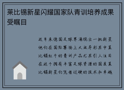 莱比锡新星闪耀国家队青训培养成果受瞩目