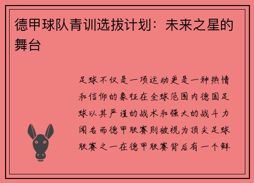 德甲球队青训选拔计划：未来之星的舞台