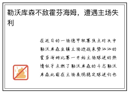 勒沃库森不敌霍芬海姆，遭遇主场失利