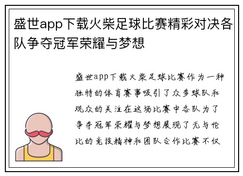 盛世app下载火柴足球比赛精彩对决各队争夺冠军荣耀与梦想