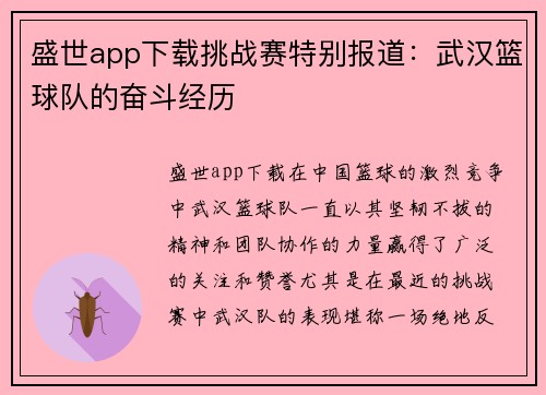 盛世app下载挑战赛特别报道：武汉篮球队的奋斗经历