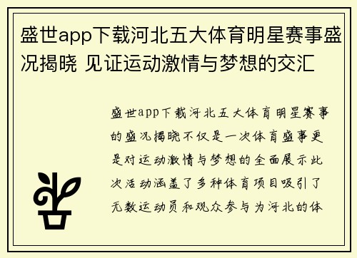 盛世app下载河北五大体育明星赛事盛况揭晓 见证运动激情与梦想的交汇